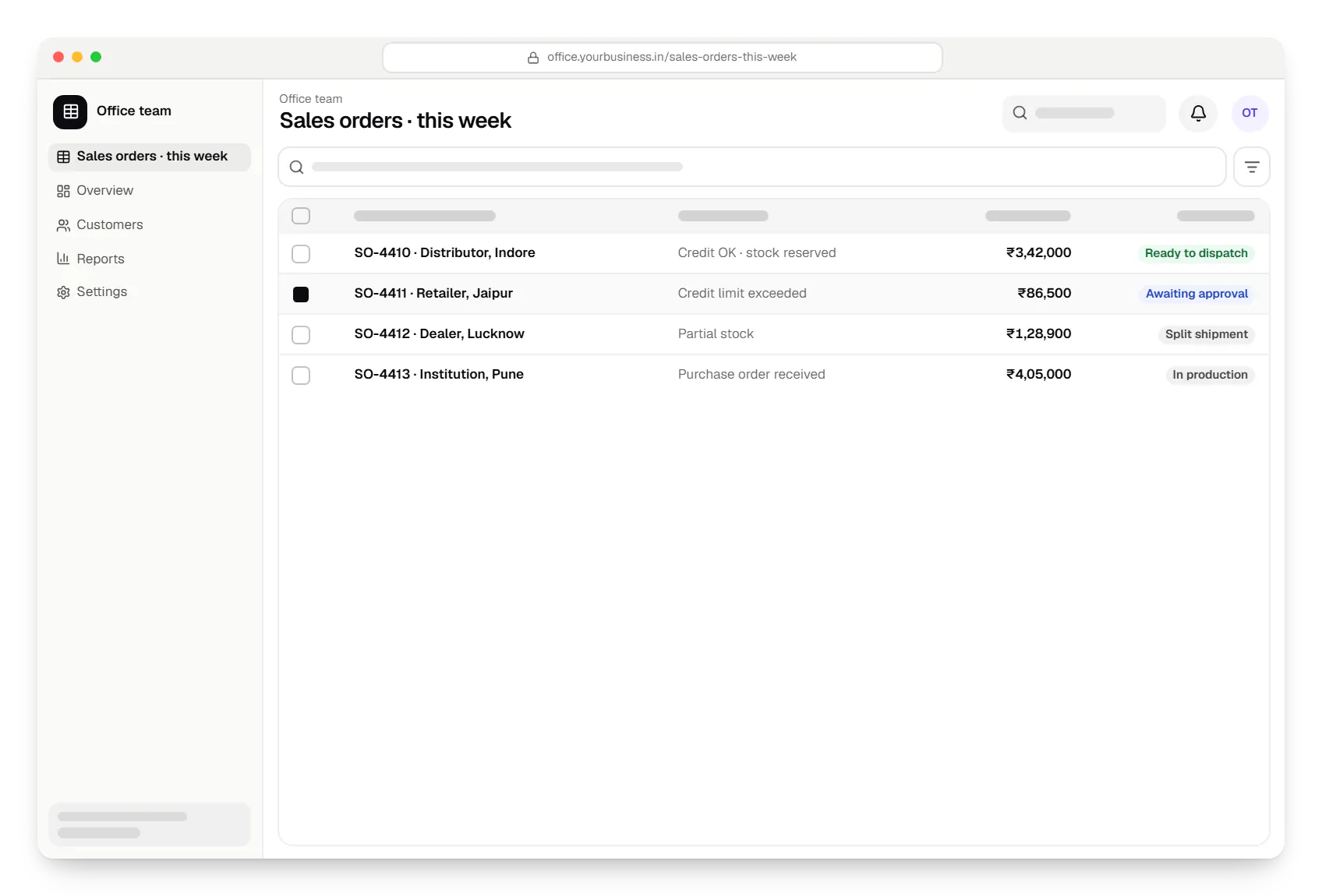 Business software office team sales orders table in a web browser, with 4 rows and status labels
