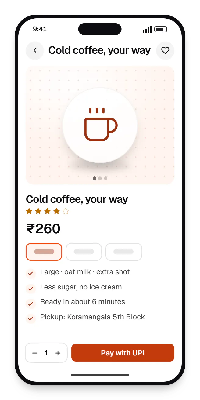 Cafe software customer app product page on a phone, for cold coffee, your way, with price and options