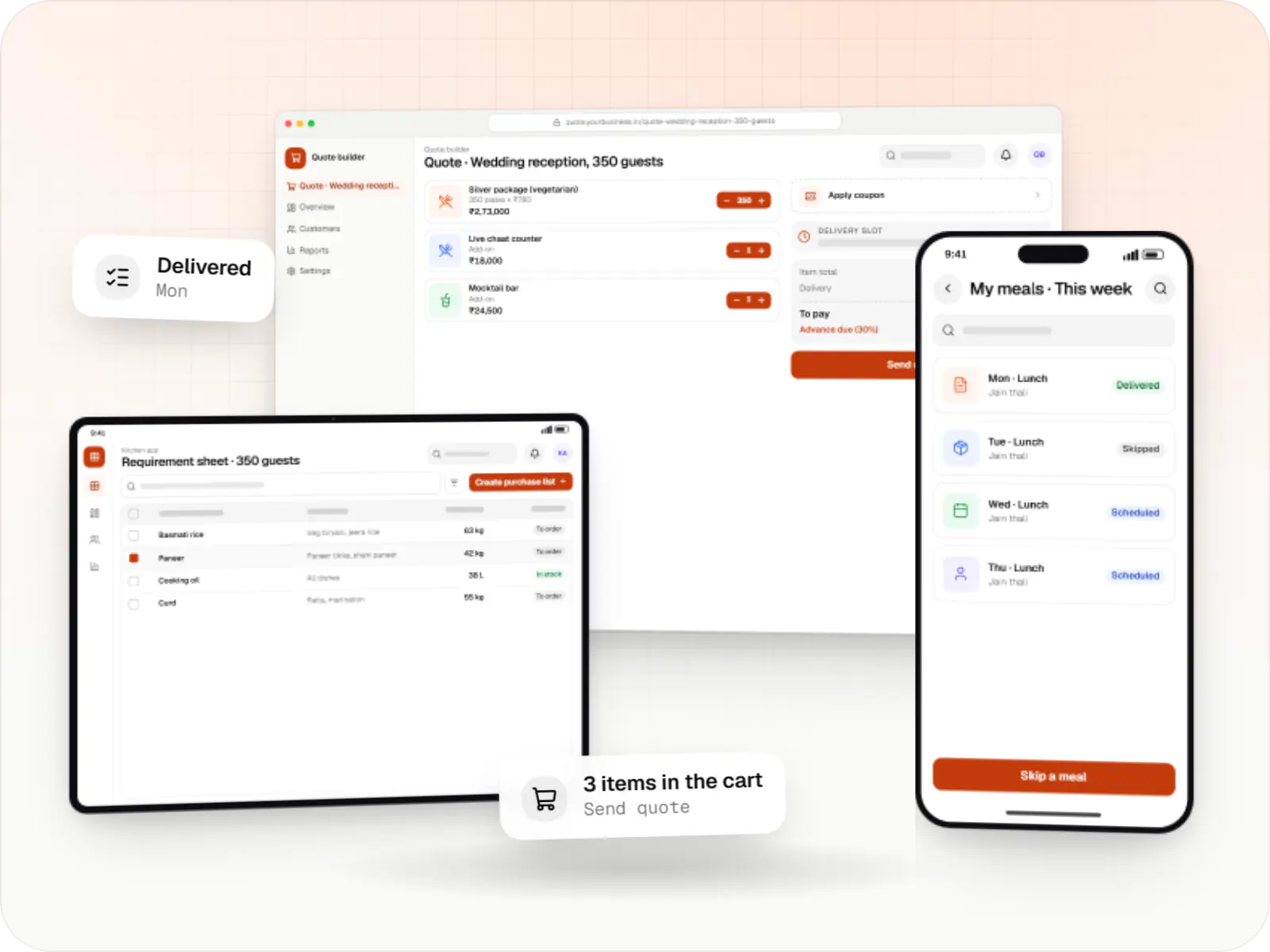 Catering software screens: quote builder in a browser, kitchen app on a tablet and tiffin subscriber app on a phone