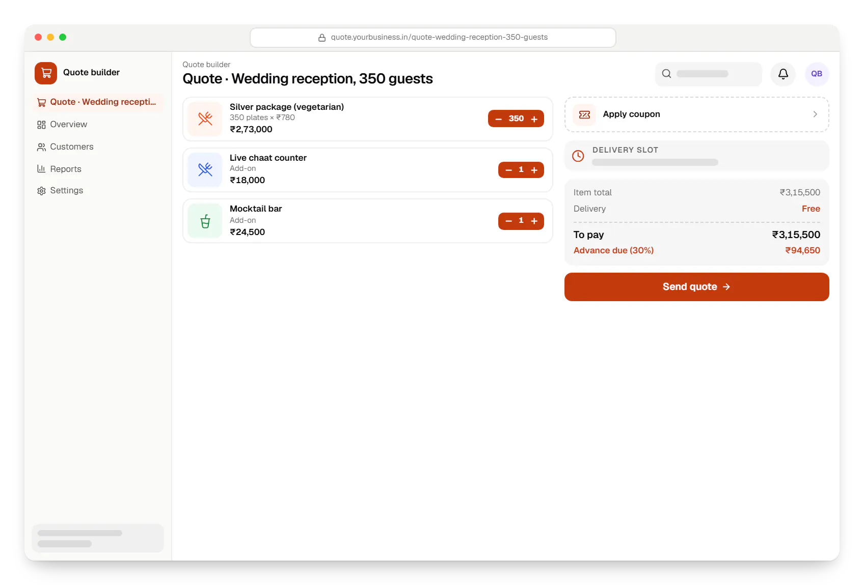 Catering software quote builder cart in a web browser, with 4 items and the order total
