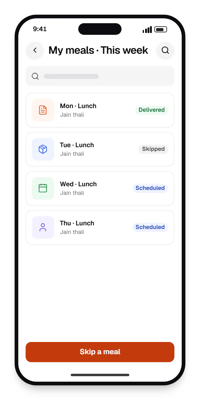 Catering software tiffin subscriber app my meals on a phone, with 4 entries