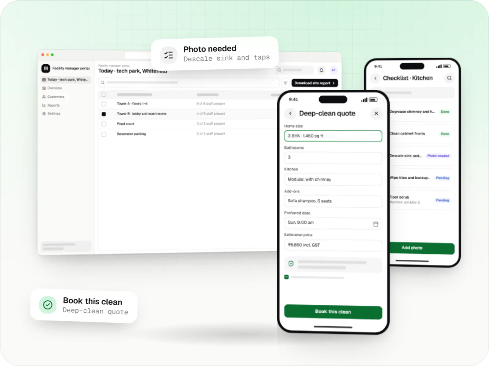 Cleaning service software screens: facility manager portal in a browser and customer booking site on a phone