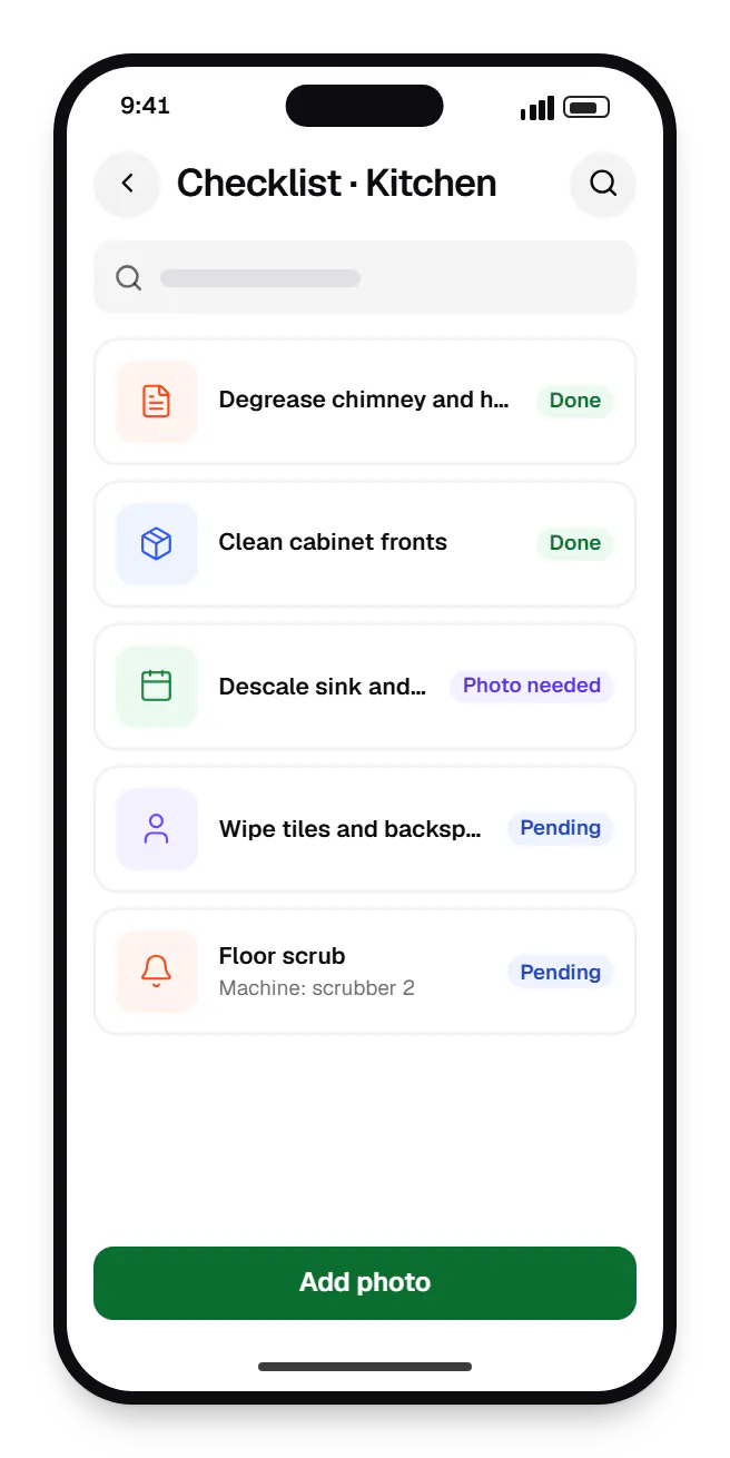 Cleaning service software crew app checklist on a phone, with 5 entries