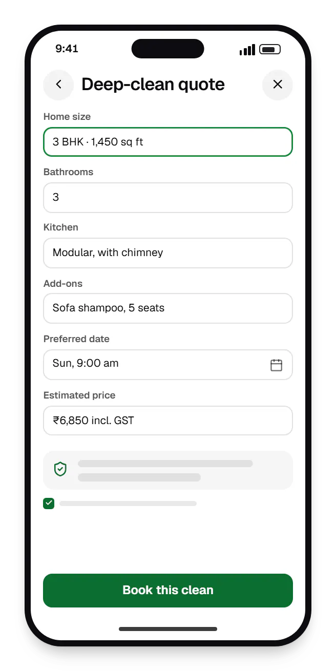 Cleaning service software customer booking site deep-clean quote on a phone, with input fields and an action button
