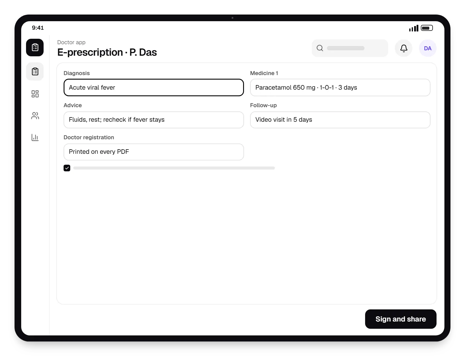 Clinic booking & telemedicine doctor app e-prescription on a tablet, with input fields and an action button