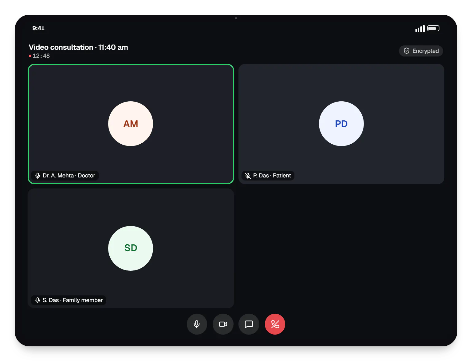 Clinic booking & telemedicine doctor app video consultation on a tablet, with call controls