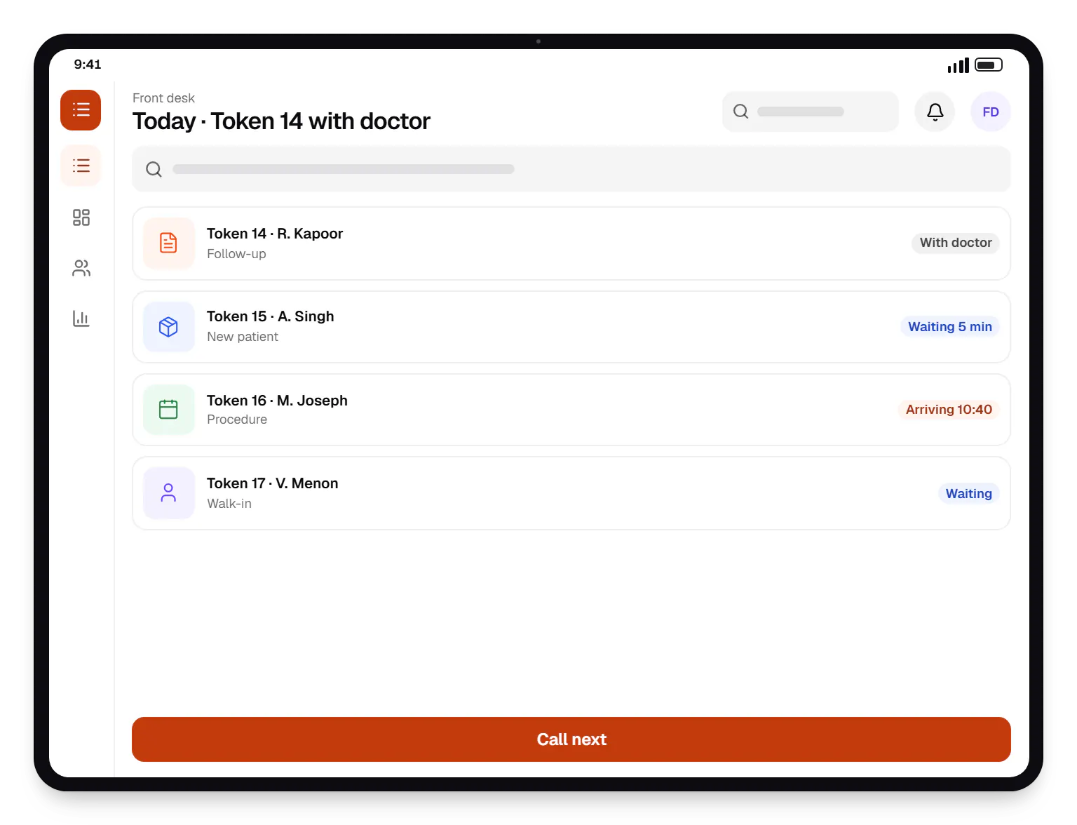 Clinic software front desk today on a tablet, with 4 entries