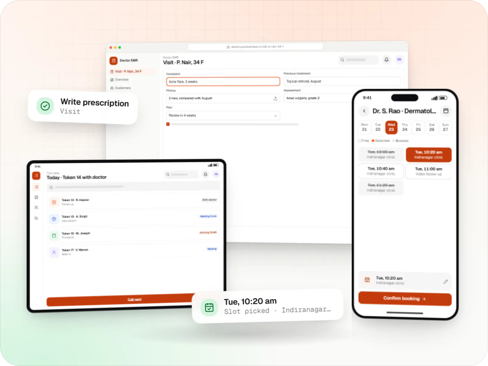 Clinic software screens: doctor EMR visit in a browser, front desk on a tablet and patient booking slots on a phone