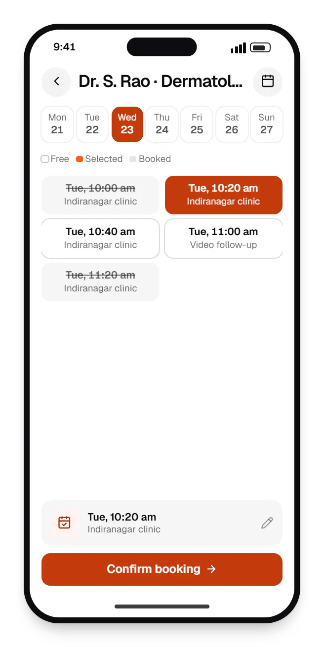 Clinic software patient booking slots on a phone, with open time slots