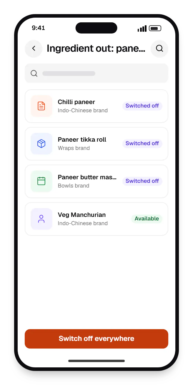 Cloud kitchen software menu control ingredient out: paneer on a phone, with 4 entries