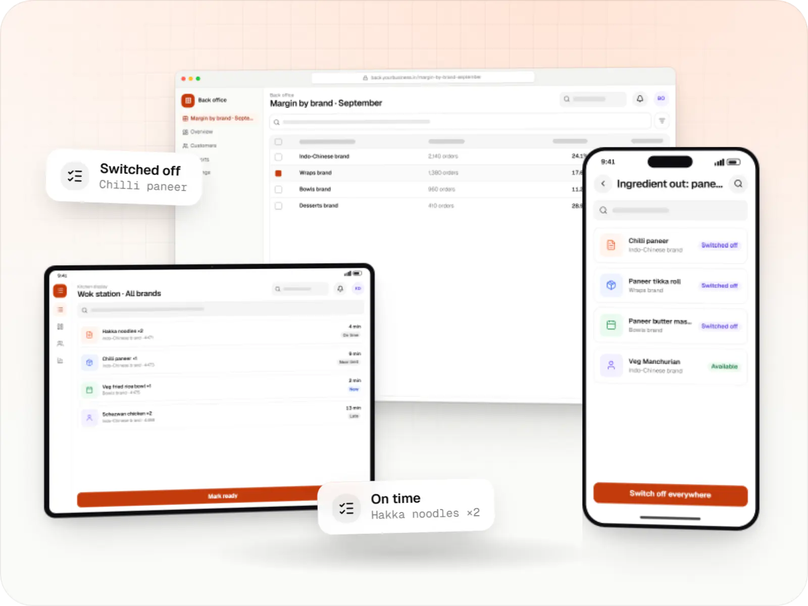 Cloud kitchen software screens: back office margin by brand table in a browser and kitchen display