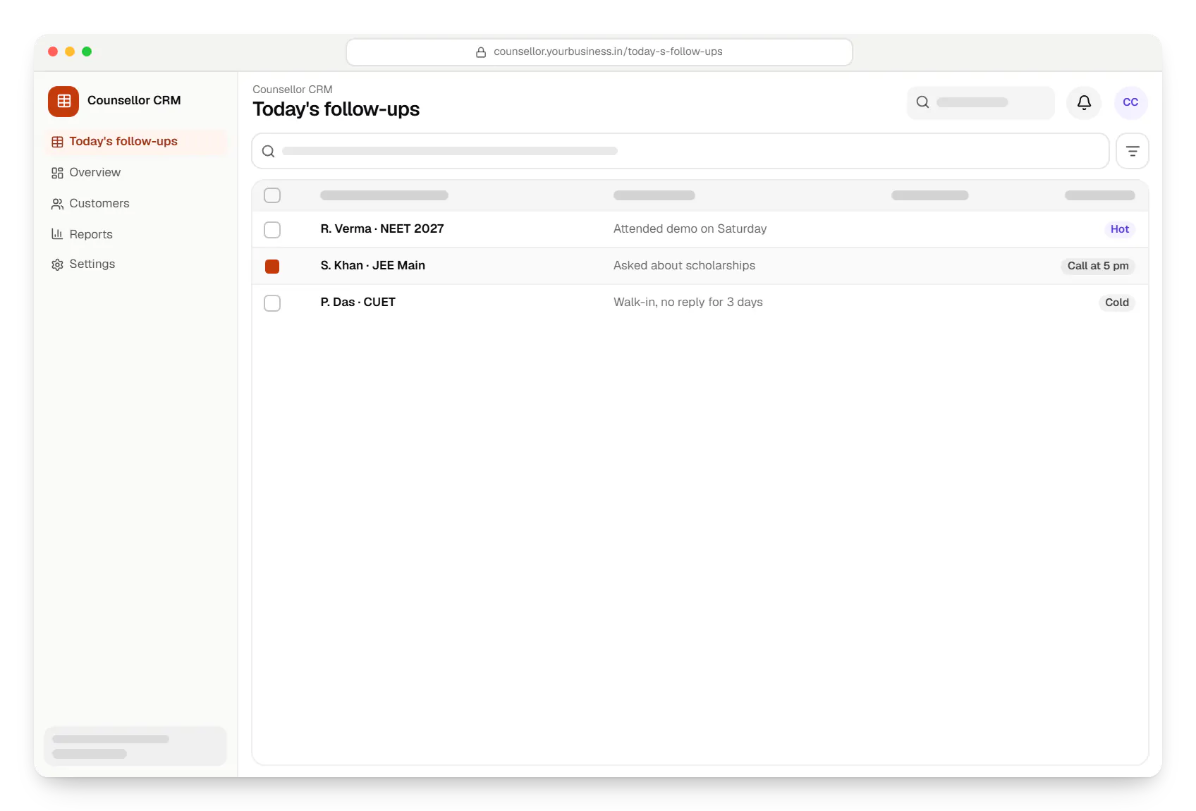 Coaching and training software counsellor CRM today's follow-ups table in a web browser, with 3 rows and status labels