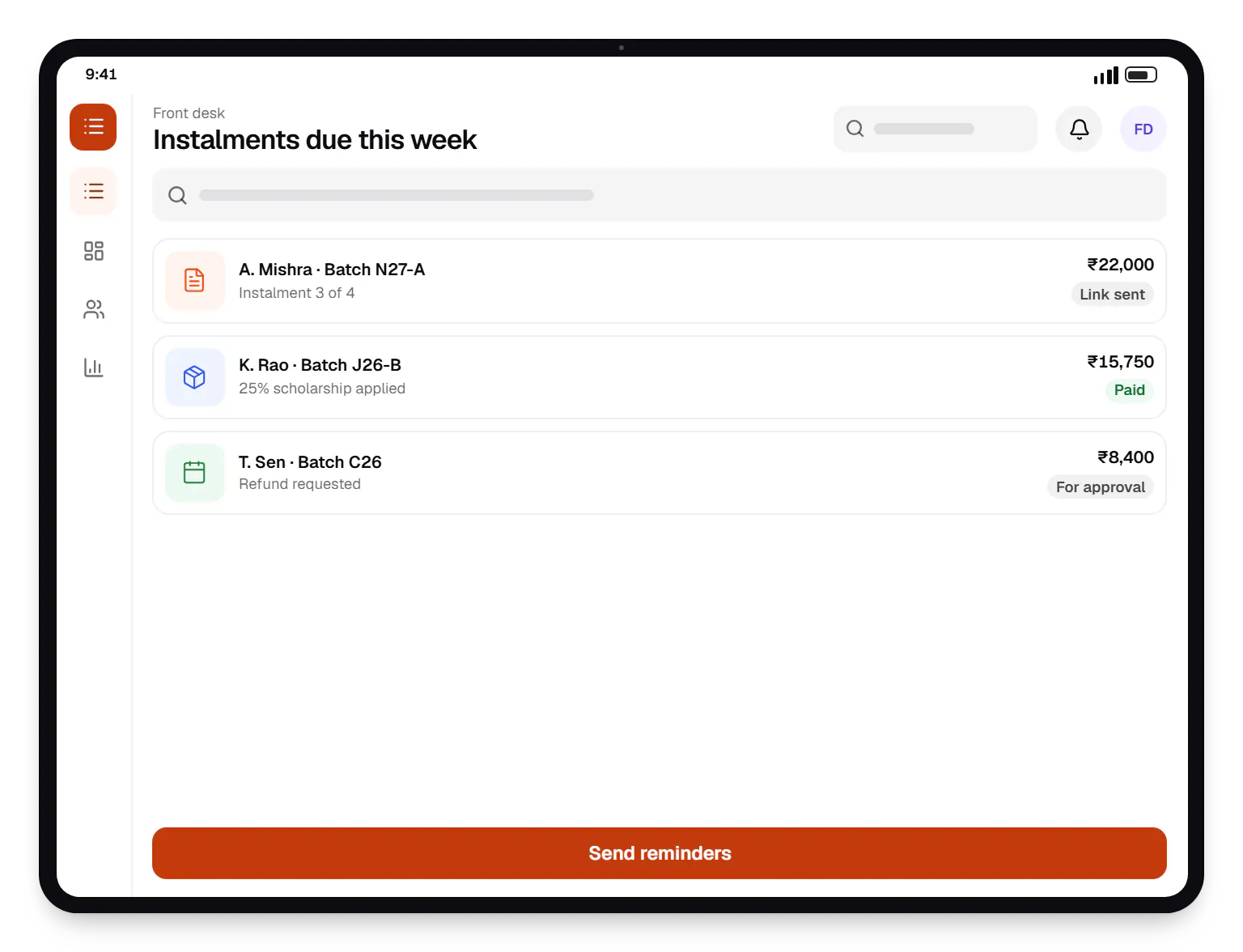 Coaching and training software front desk instalments due this week on a tablet, with 3 entries