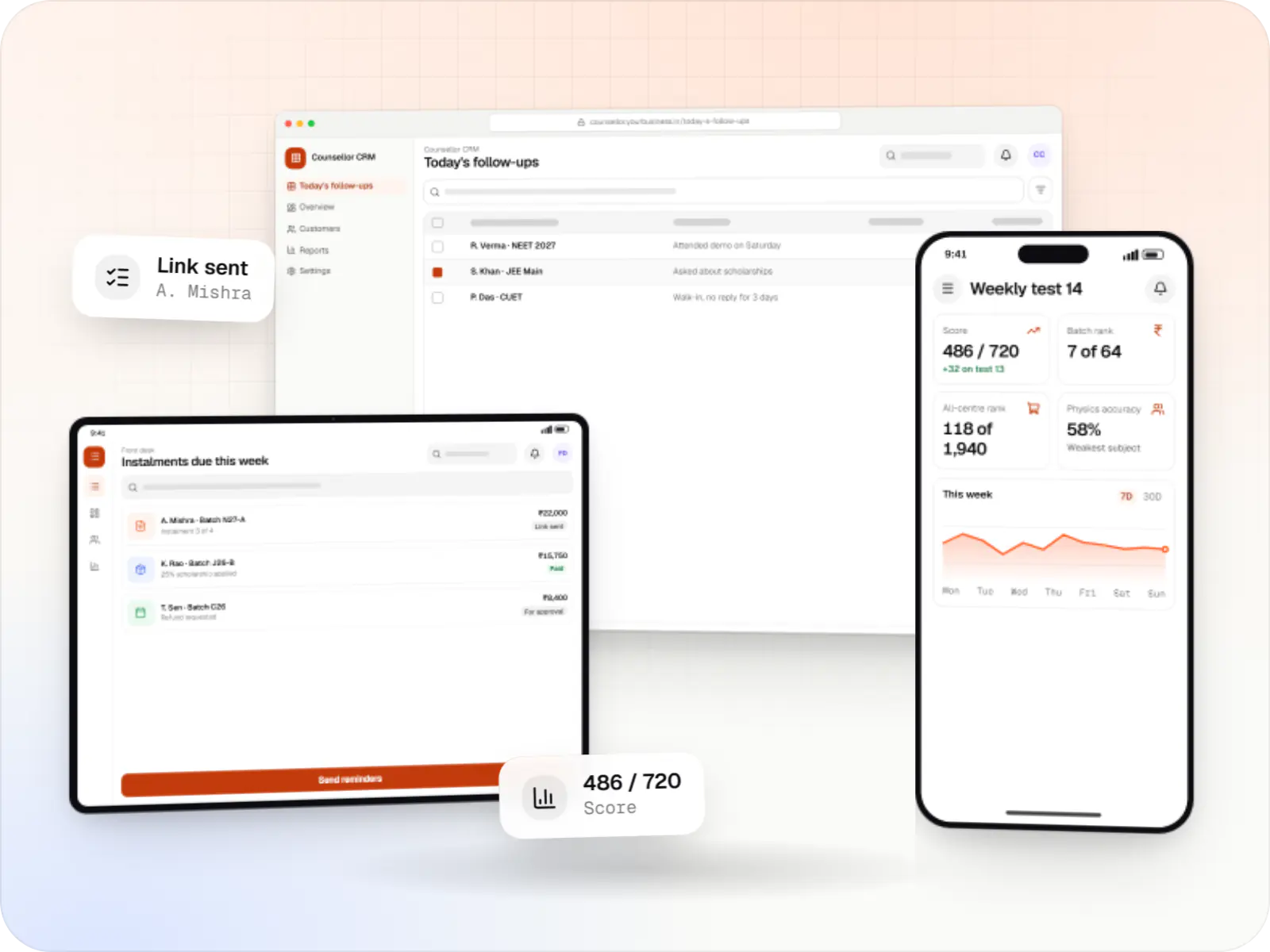 Coaching and training software screens: counsellor CRM today's follow-ups table in a browser and front desk on a tablet