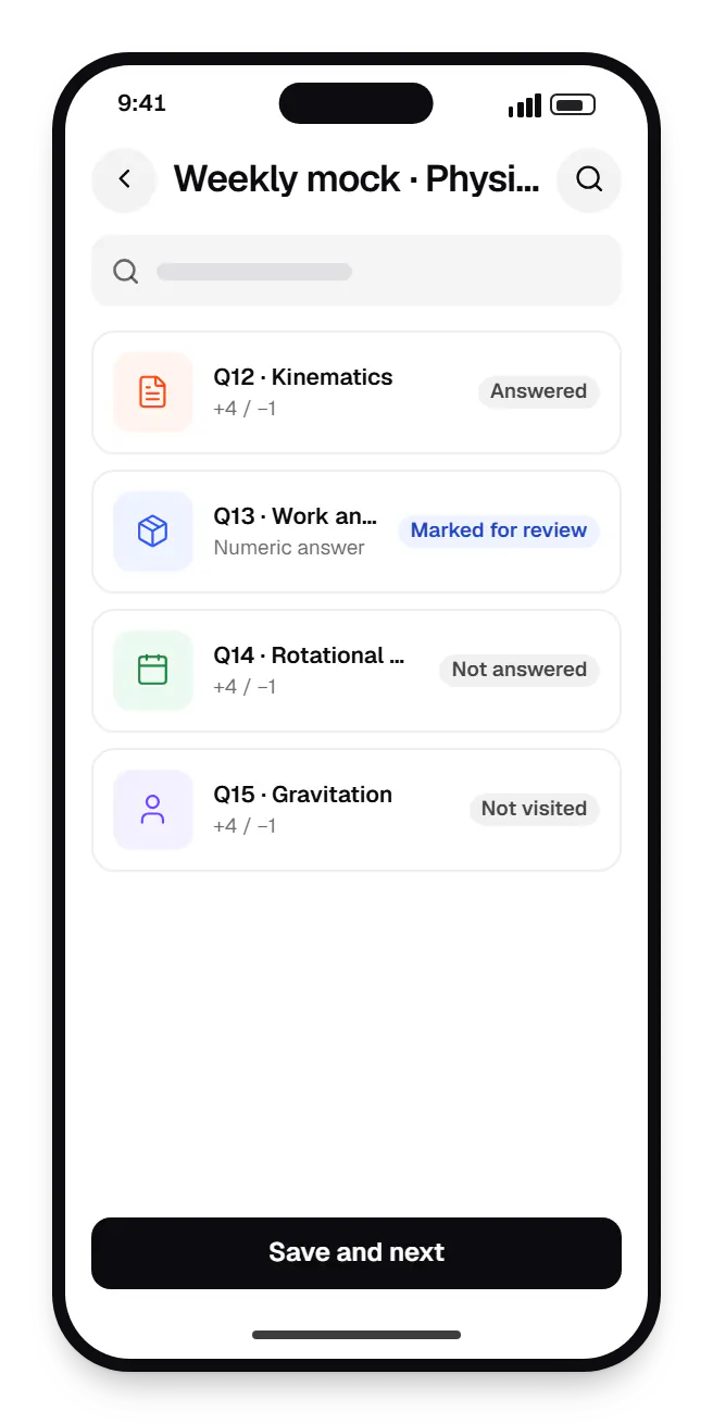 Coaching institute software student app weekly mock on a phone, with 4 entries