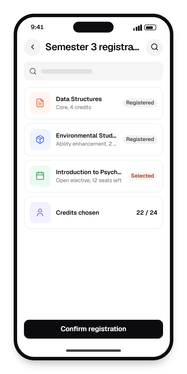 College and university software student portal semester 3 registration on a phone, with 4 entries