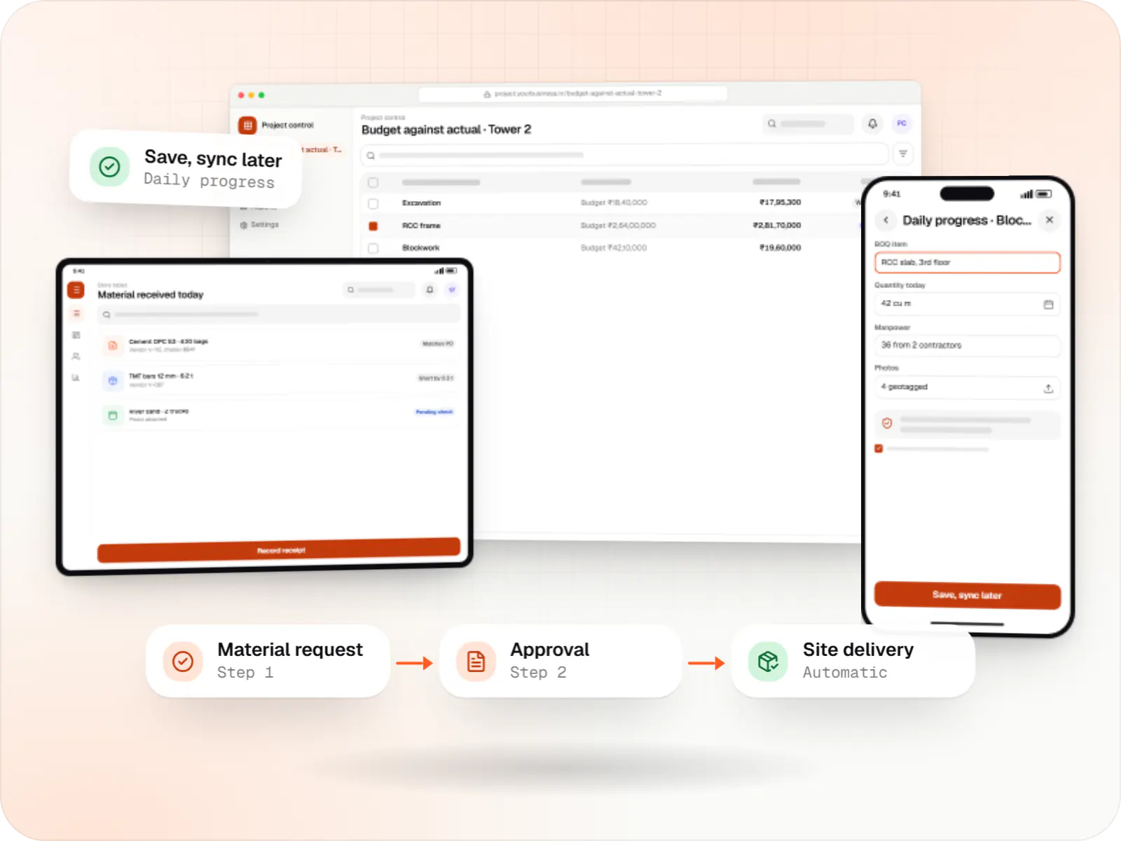 Construction software screens: project control budget against actual table in a browser, store tablet and site app on a phone