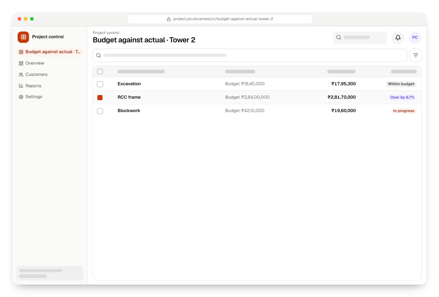 Construction software project control budget against actual table in a web browser, with 3 rows and status labels
