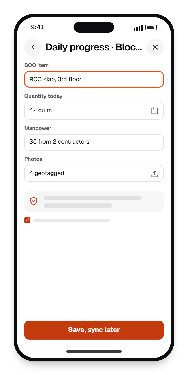 Construction software site app daily progress on a phone, with input fields and an action button
