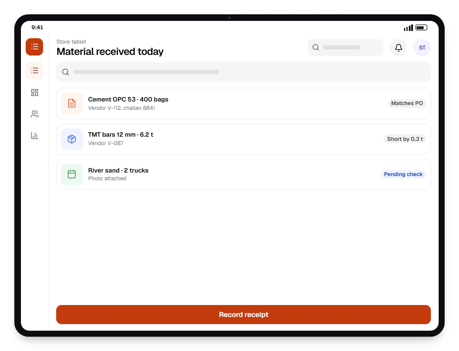 Construction software store tablet material received today on a tablet, with 3 entries