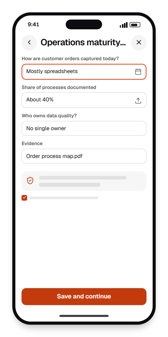 Consulting software client assessment operations maturity: section 2 on a phone, with input fields and an action button