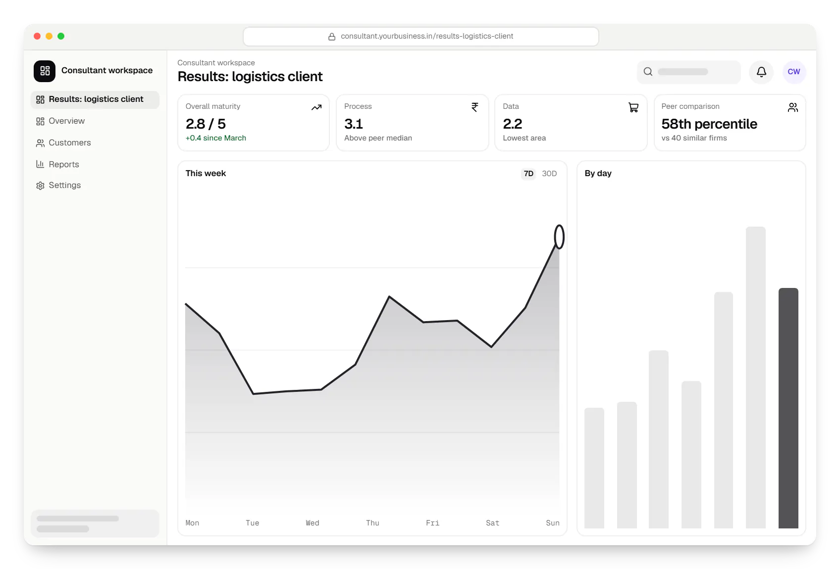 Consulting software consultant workspace dashboard in a web browser, with key figures and a chart