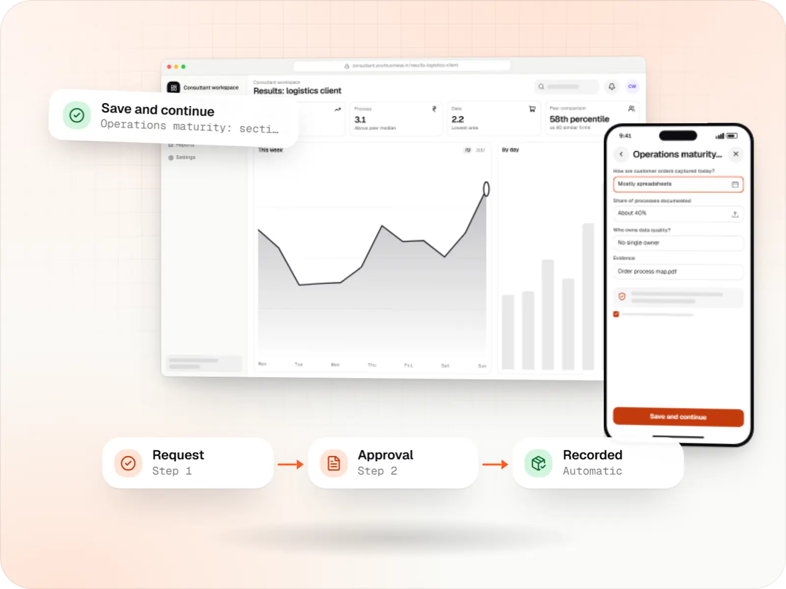Consulting software screens: consultant workspace in a browser and client assessment operations maturity on a phone