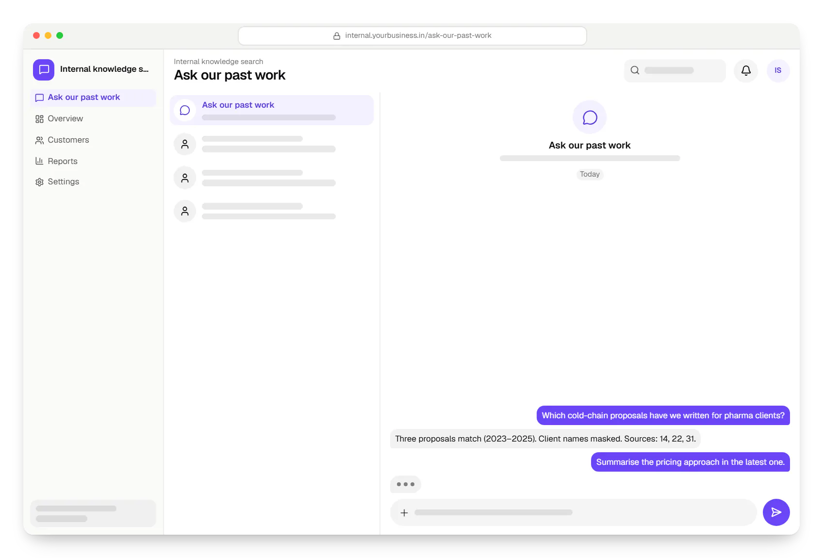 Consulting software internal knowledge search chat in a web browser, with a question and a reply