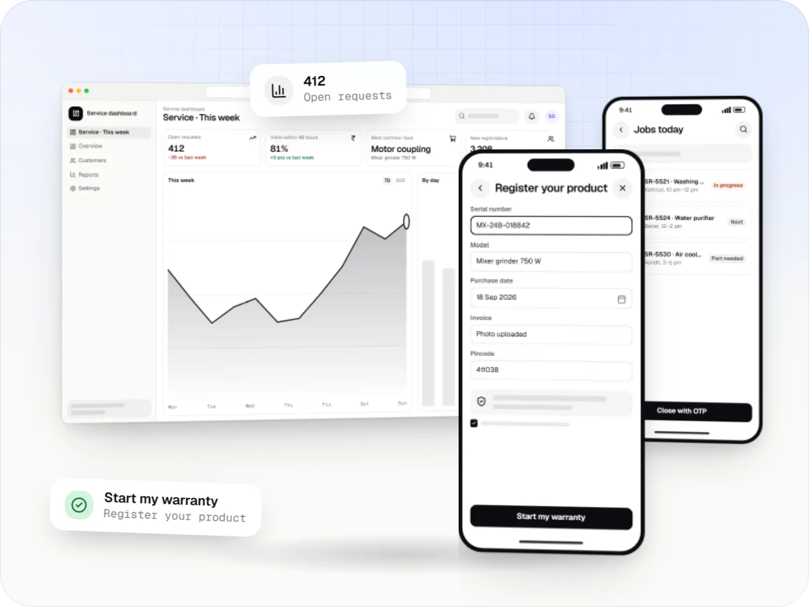 Consumer goods software screens: service dashboard in a browser, registration page on a phone and technician app on a phone
