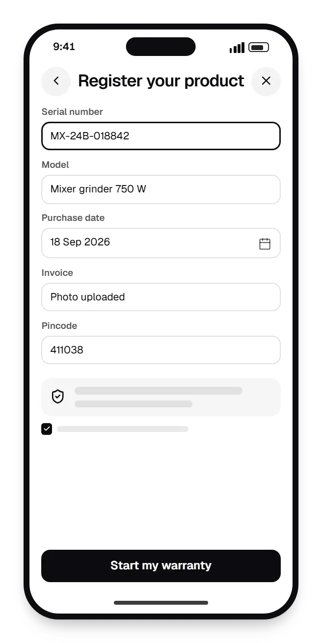 Consumer goods software registration page register your product on a phone, with input fields and an action button