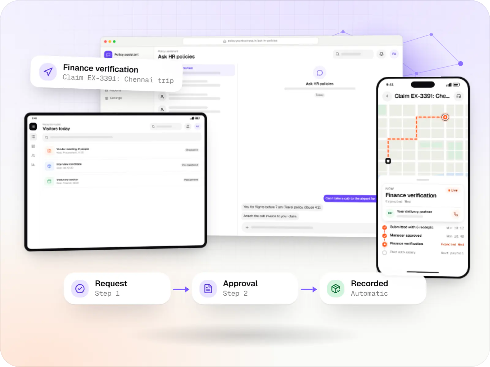 Corporate software screens: policy assistant chat in a browser, reception tablet and employee app on a phone