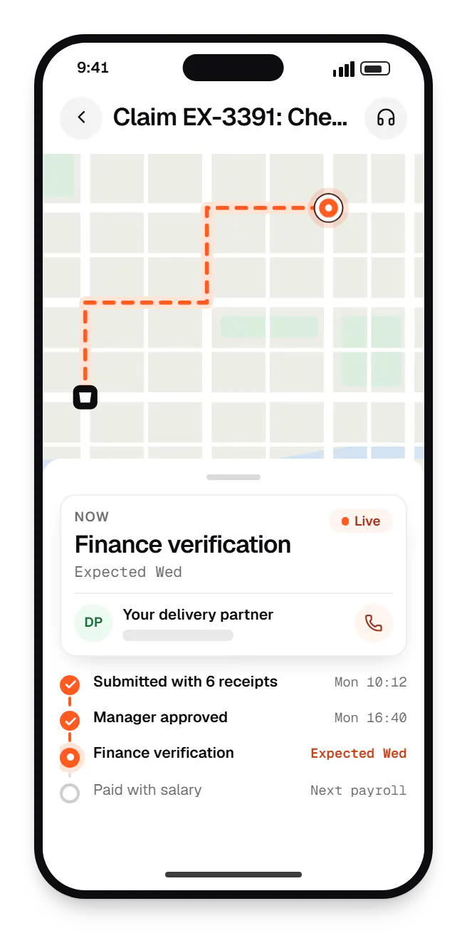 Corporate software employee app order tracking on a phone, with live status steps