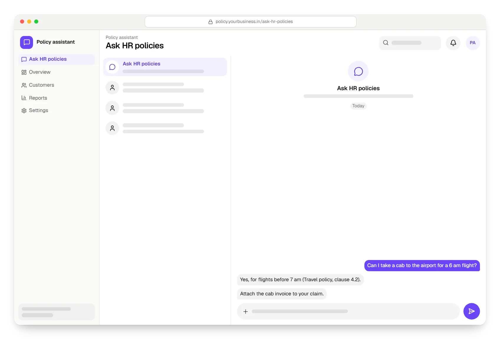 Corporate software policy assistant chat in a web browser, with a question and a reply