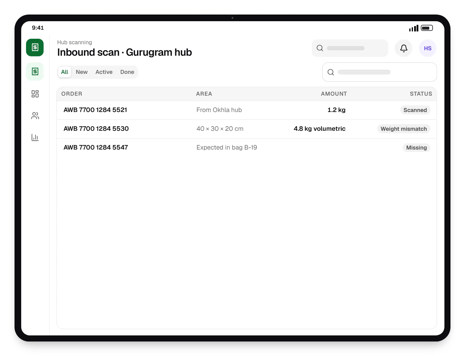 Courier and delivery software hub scanning order list on a tablet, with 3 orders and their status