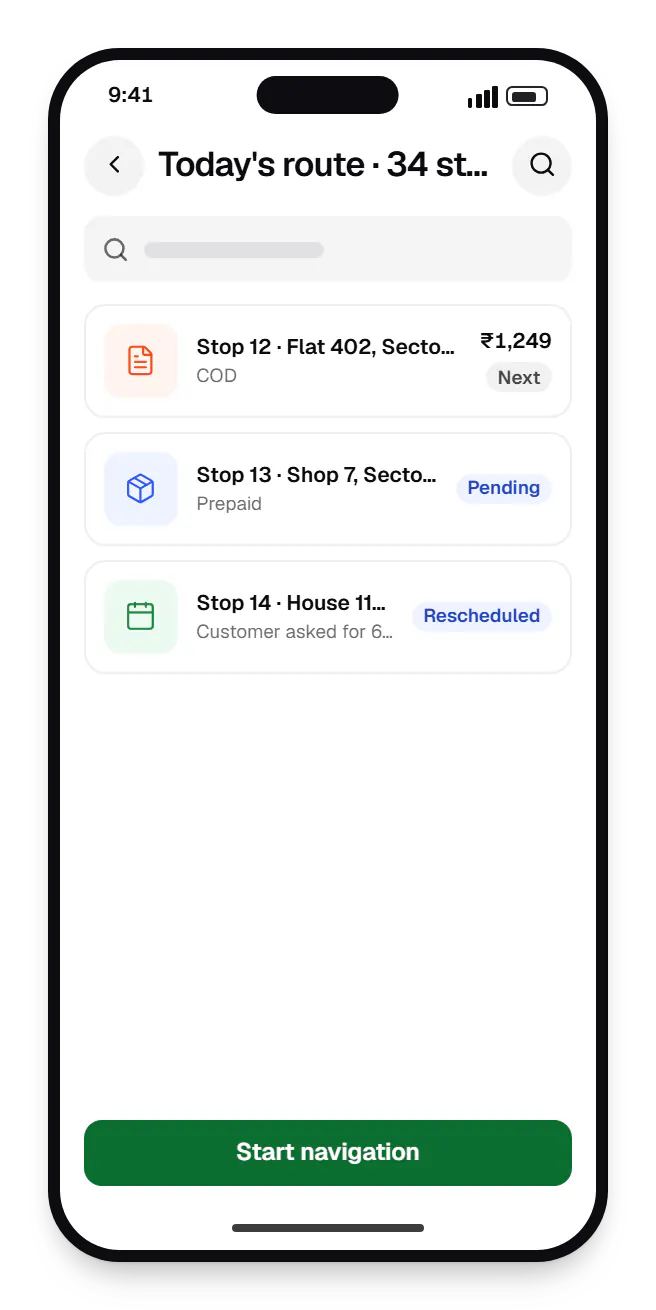 Courier and software delivery partner app today's route on a phone, with 3 entries
