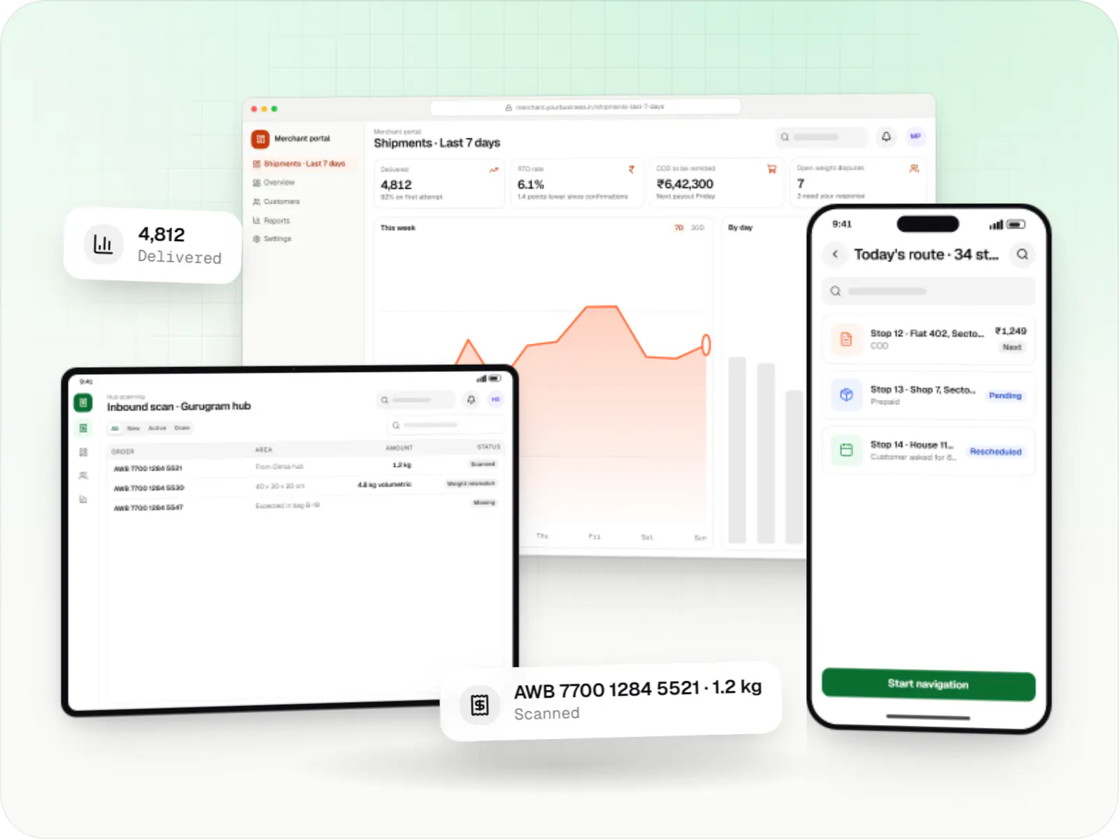 Courier and delivery software screens: merchant portal in a browser and hub scanning order list on a tablet