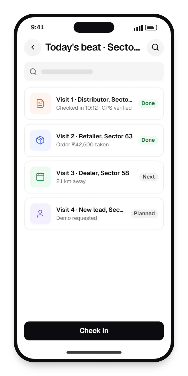 CRM field sales app today's beat on a phone, with 4 entries