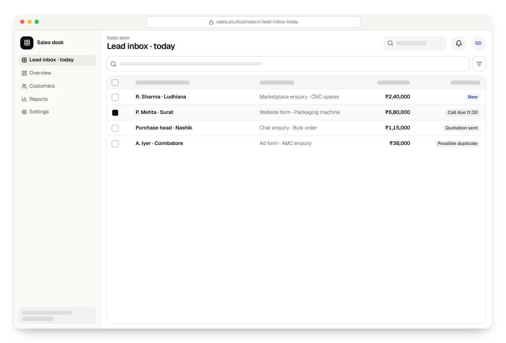 CRM sales desk lead inbox table in a web browser, with 4 rows and status labels