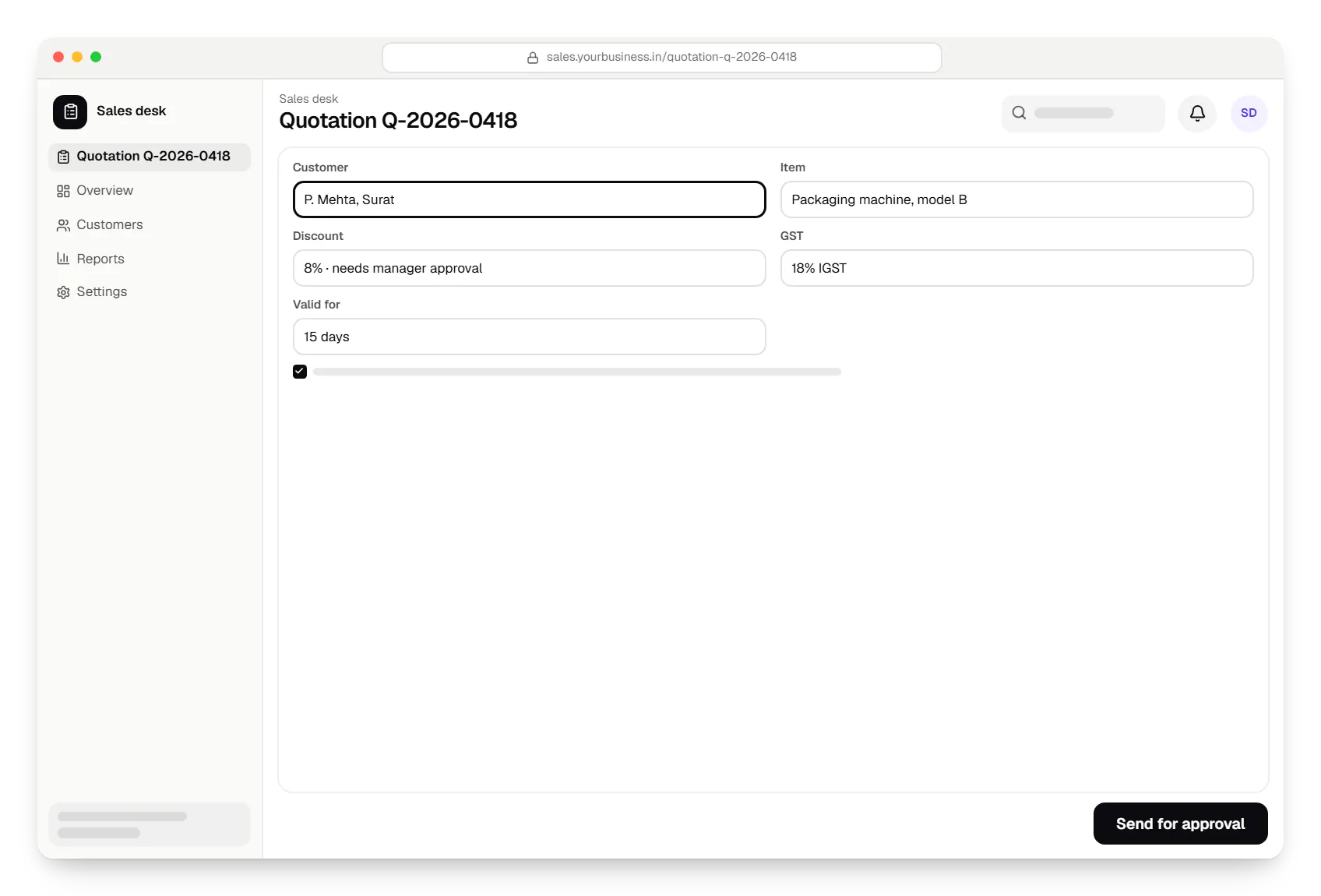 CRM sales desk quotation Q-2026-0418 in a web browser, with input fields and an action button