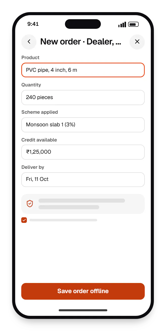 Custom software field sales app new order on a phone, with input fields and an action button