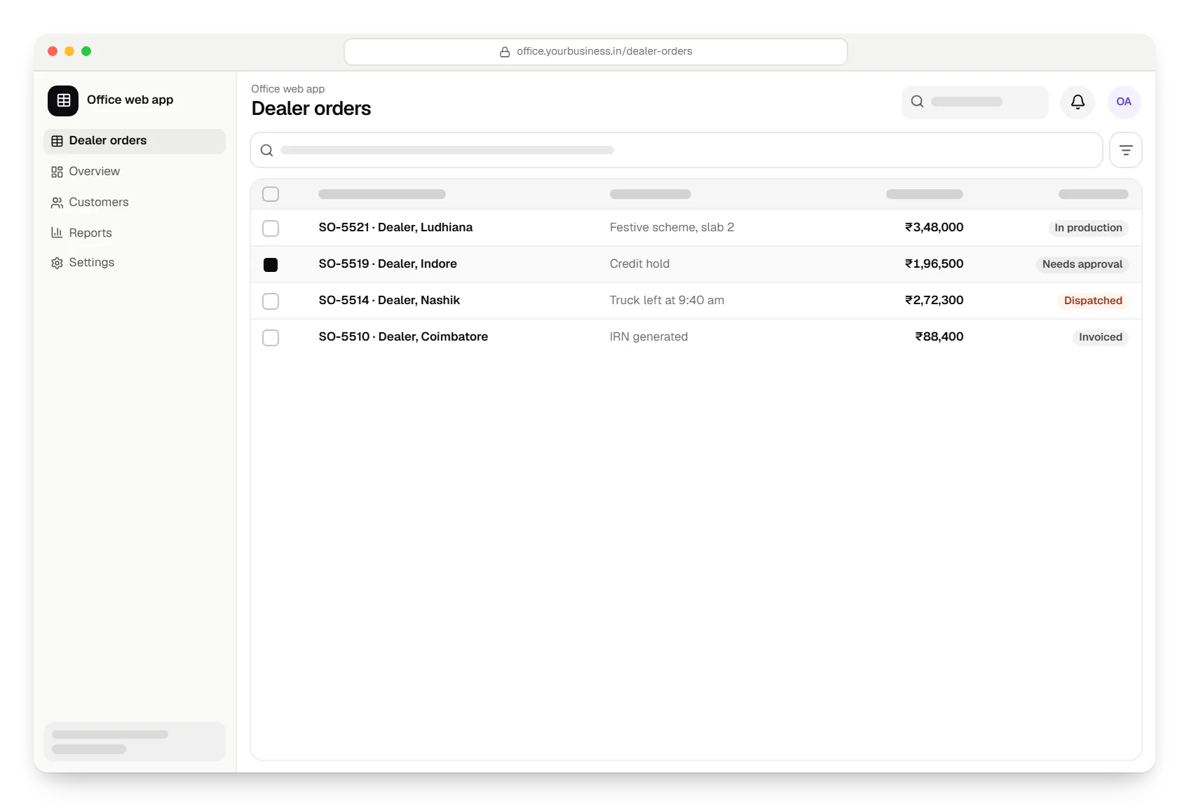 Custom software office web app dealer orders table in a web browser, with 4 rows and status labels