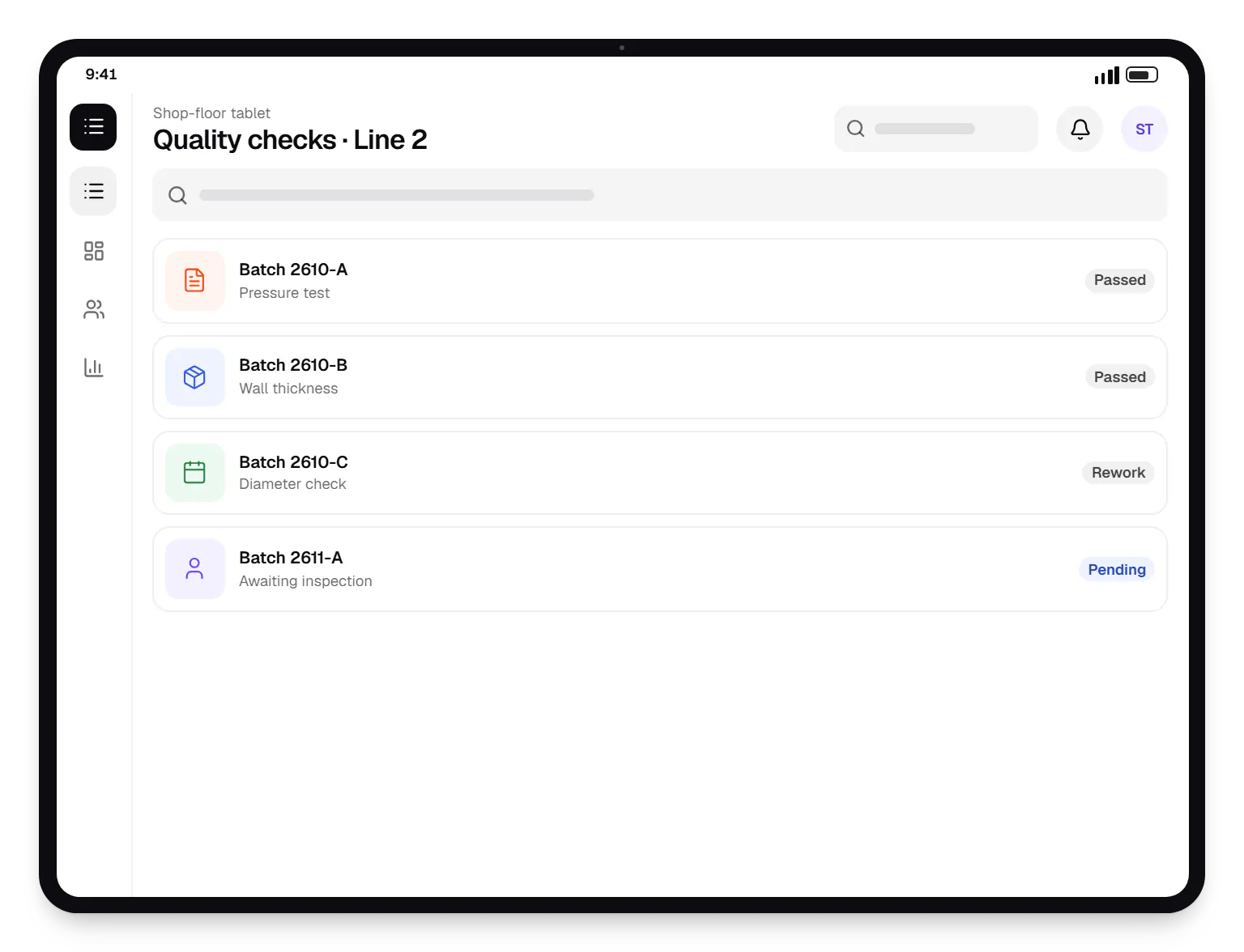 Custom software shop-floor tablet quality checks on a tablet, with 4 entries