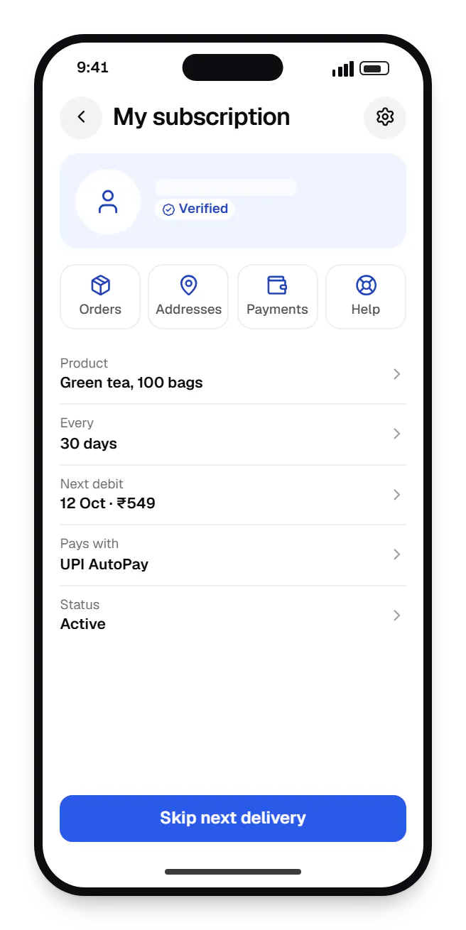 D2C brand software customer app profile on a phone, with account details