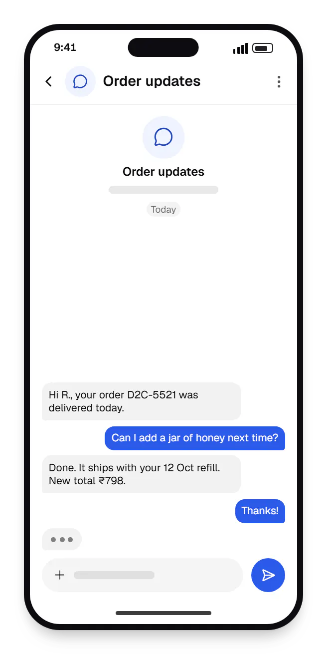 D2C brand software updates chat on a phone, with a question and a reply