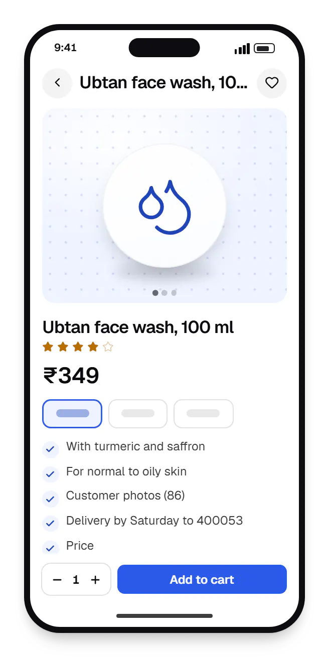 D2C e-commerce brand store product page on a phone, for ubtan face wash, 100 ml, with price and options