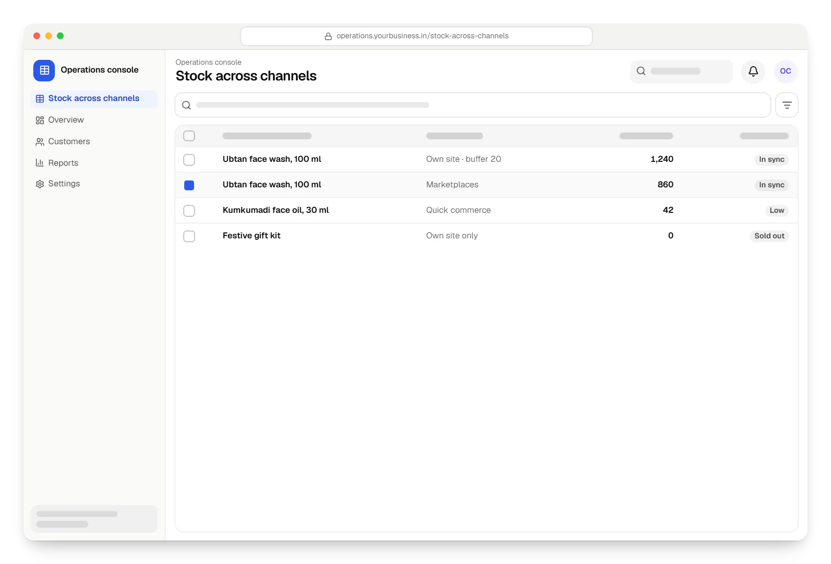 D2C e-commerce operations console stock across channels table in a web browser, with 4 rows and status labels