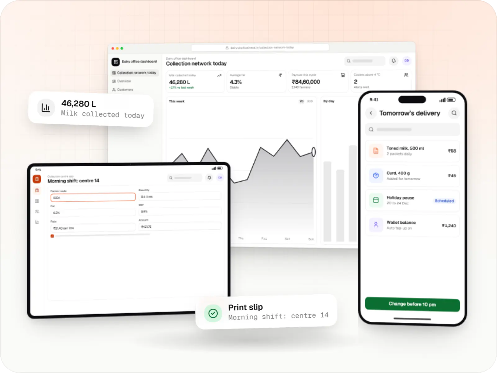 Dairy software screens: dairy office dashboard in a browser and collection centre app on a tablet