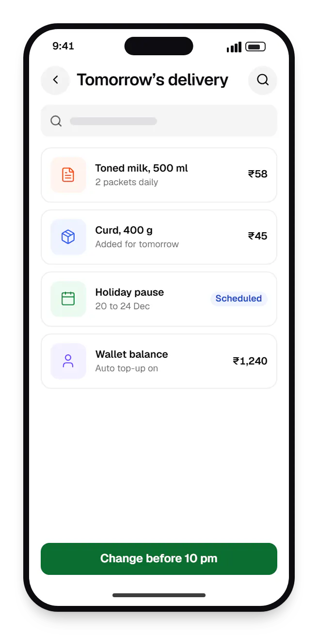 Dairy software milk subscription app tomorrow’s delivery on a phone, with 4 entries