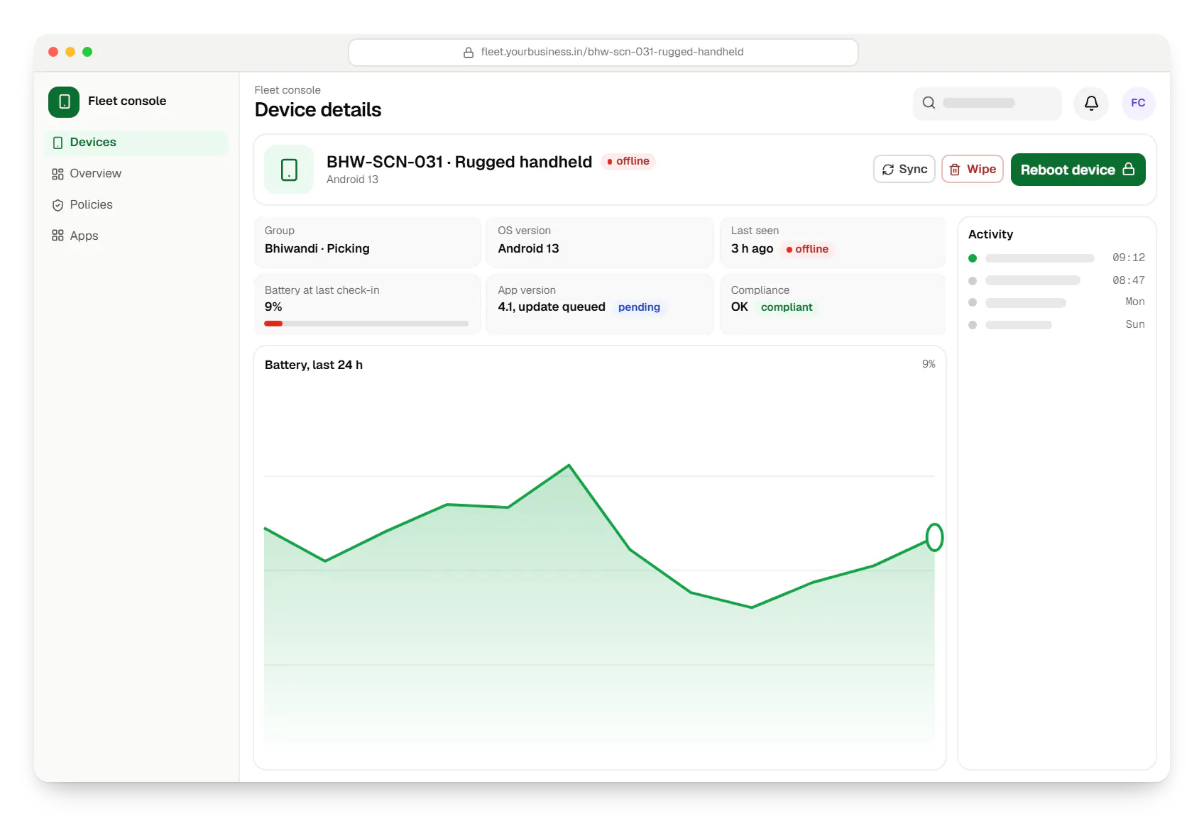 Dedicated device management fleet console device details in a web browser