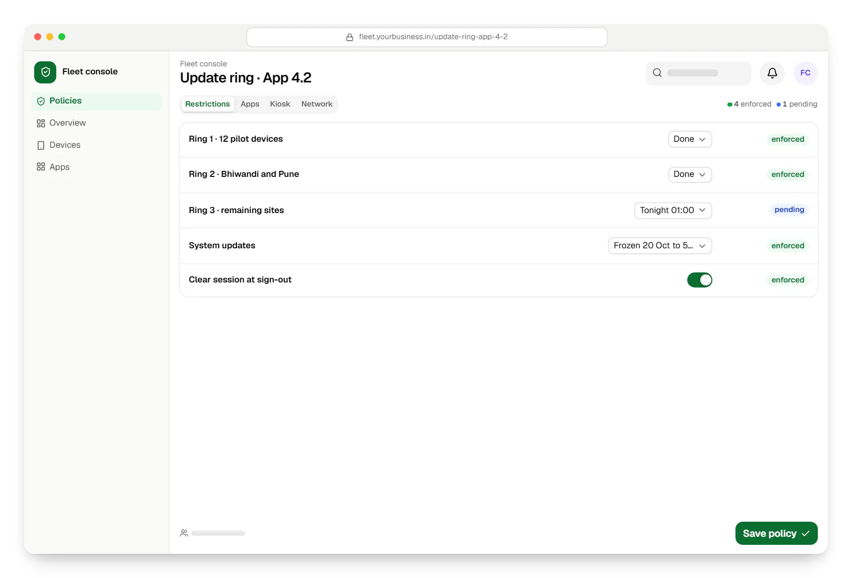 Dedicated device management fleet console policy settings in a web browser